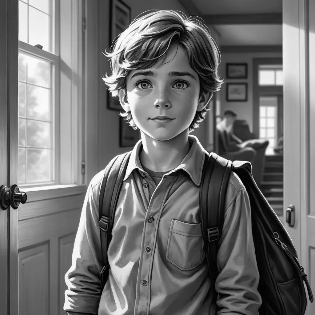 a boy with a backpack standing in a hallway with a door open and looking at the camera with a serious look on his face, hyperrealism, a black and white photo, Charlie Bowater, stanley artgerm lau