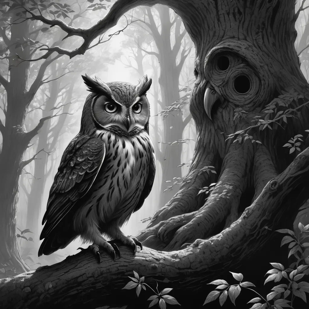 a black and white photo of an owl sitting on a tree branch in a forest with a birdhouse, fantasy art, a storybook illustration, Dan Mumford, storybook illustration