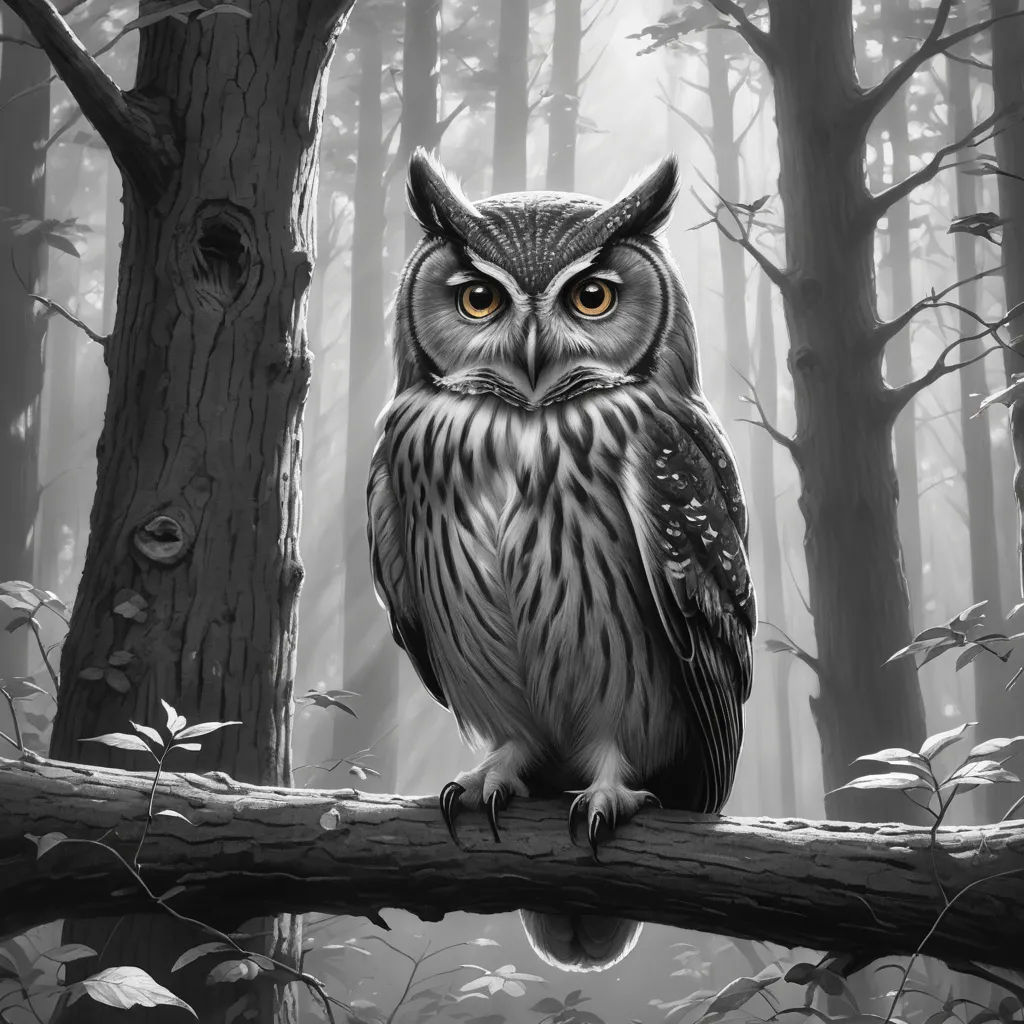 a black and white photo of an owl sitting on a branch in a forest with trees and leaves around it, fantasy art, an ultrafine detailed painting, Dan Mumford, highly detailed digital painting
