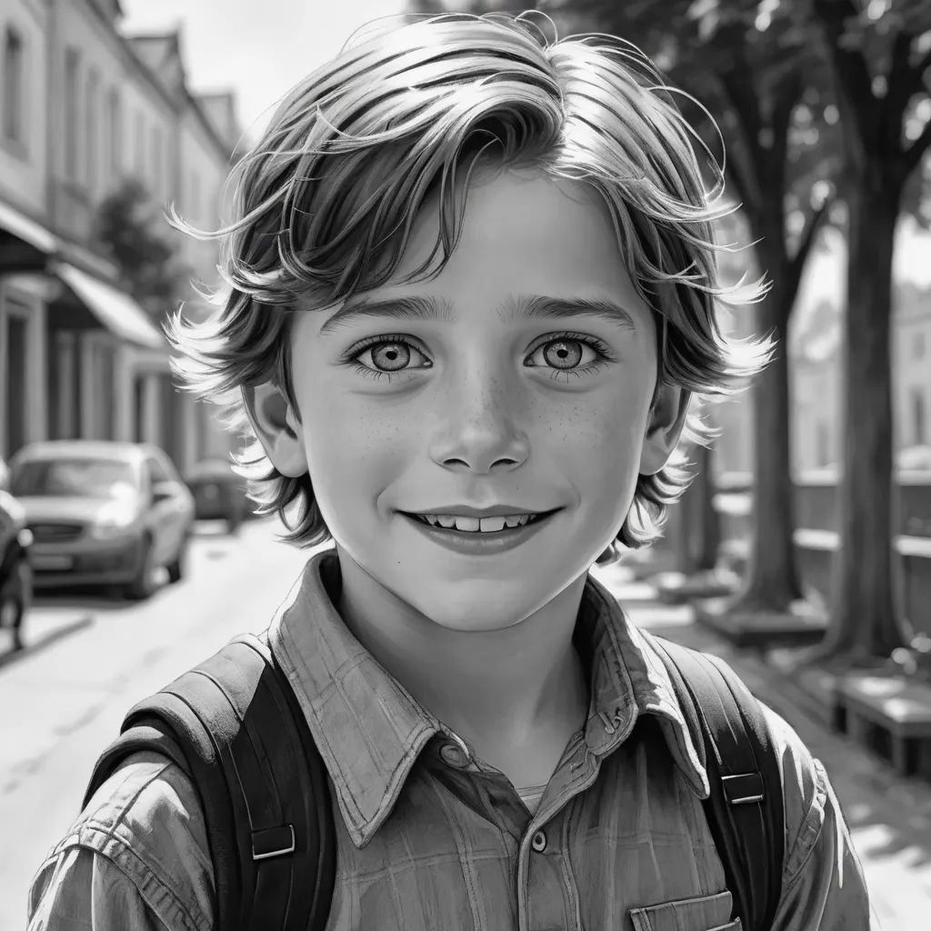 a young boy with a backpack on a street corner smiling for the camera with a car parked on the side of the street, photorealism, a photorealistic painting, Daniel Lieske, photorealistic portrait