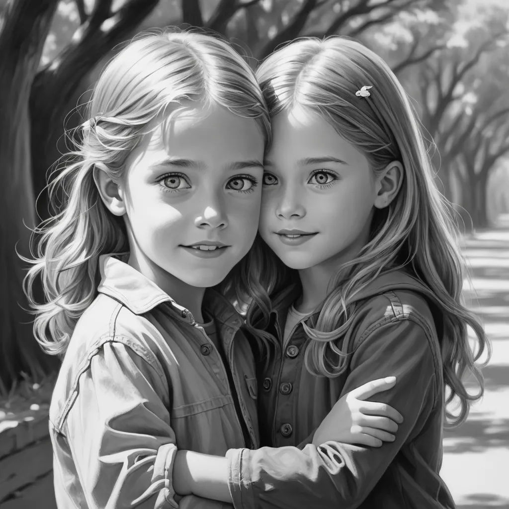 two little girls hugging each other in a park with trees in the background and a bench in the foreground, photorealism, an ultrafine detailed painting, Artgerm, highly detailed digital painting