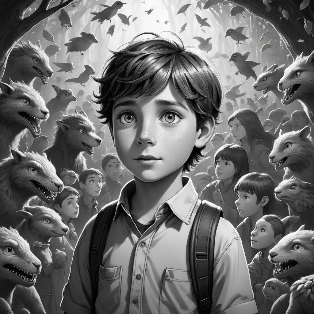 a boy standing in front of a bunch of monsters in a forest with bats flying around him and a light shining on his face, furry art, a storybook illustration, Brad Kunkle, promotional image