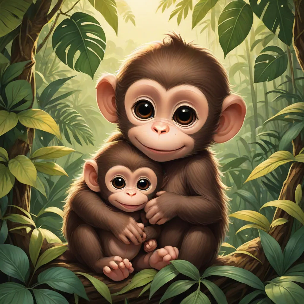 a monkey and a baby sitting in the jungle together, with the sun shining through the trees behind them, naturalism, a digital painting, Alex Petruk APe, cute and funny
