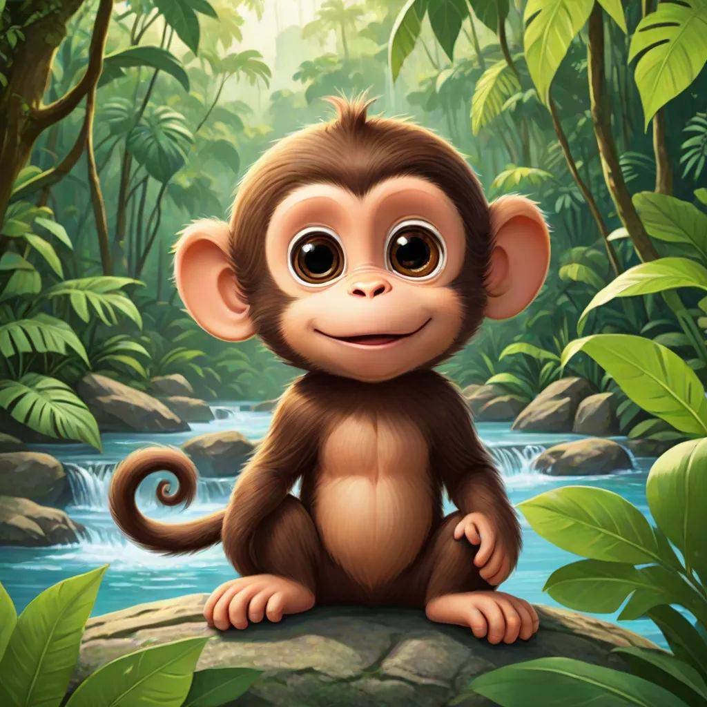 a monkey sitting on a rock in the jungle with a stream of water behind it and a jungle background, sumatraism, a character portrait, Alex Petruk APe, jungle