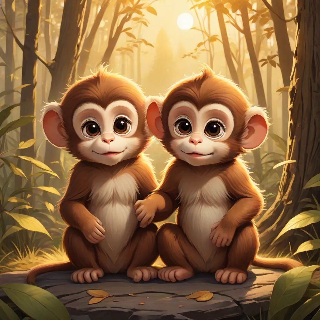 two monkeys sitting on a rock in the woods with the sun shining through the trees behind them and the background is a forest with leaves, furry art, a digital painting, Ding Guanpeng, cute and funny