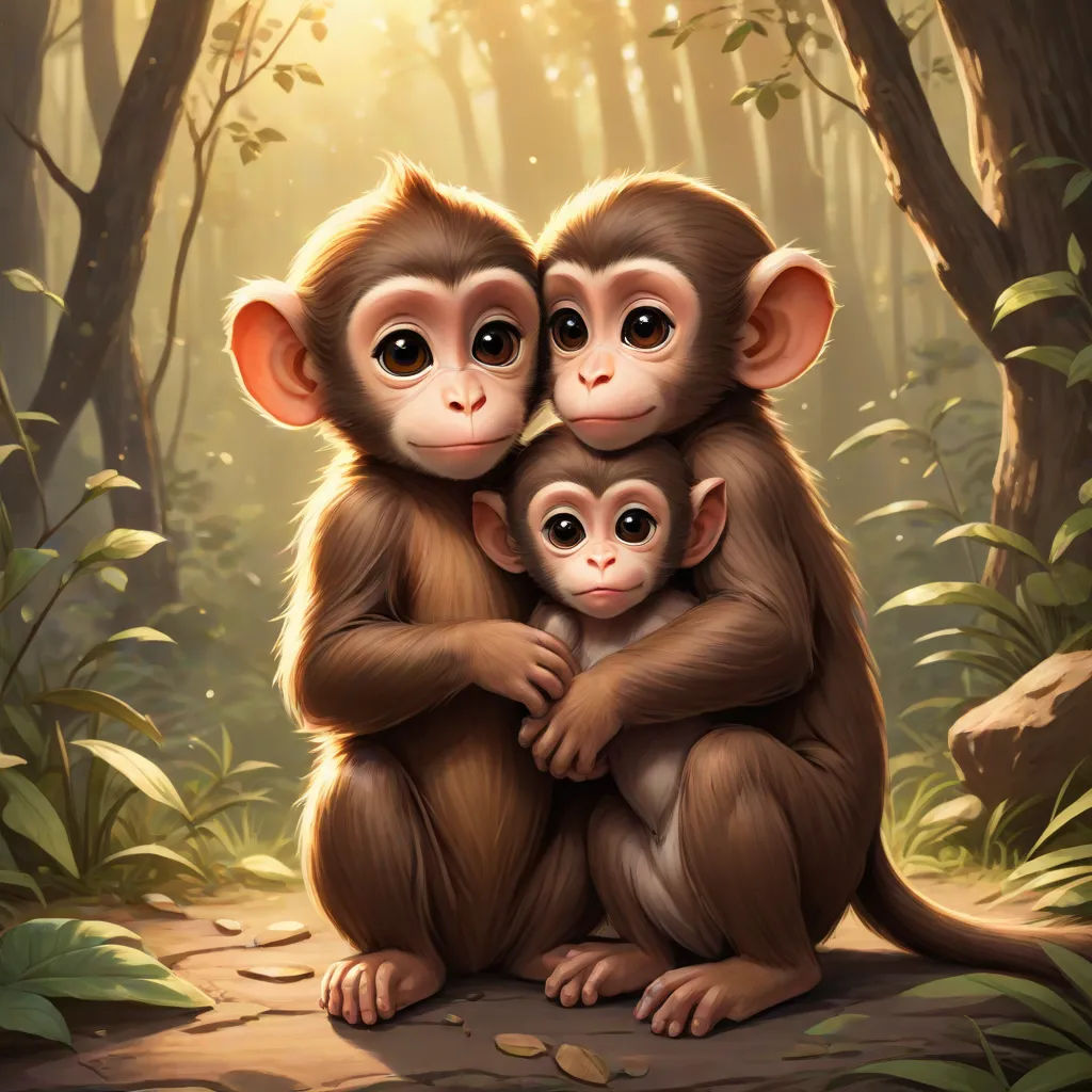 two monkeys sitting on a rock in a forest with sunlight shining through the trees and leaves on the ground, fantasy art, a digital painting, Cynthia Sheppard, cgstudio