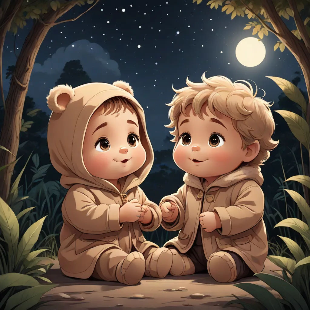 two children sitting on the ground in the woods at night, one holding the hand of the other's hand, space art, a storybook illustration, Diego Gisbert Llorens, cute and funny