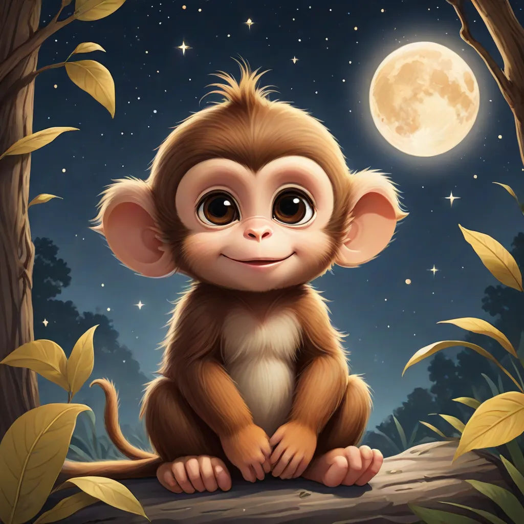 a monkey sitting on a tree branch in the night with a full moon in the background and leaves around it, space art, a digital painting, Alex Petruk APe, cute and funny