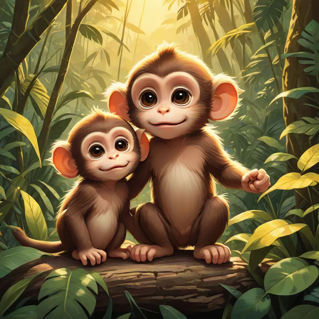 two monkeys sitting on a log in the jungle with sunlight shining through the trees behind them and a background of green foliage, sots art, a digital painting, Cynthia Sheppard, cute and funny