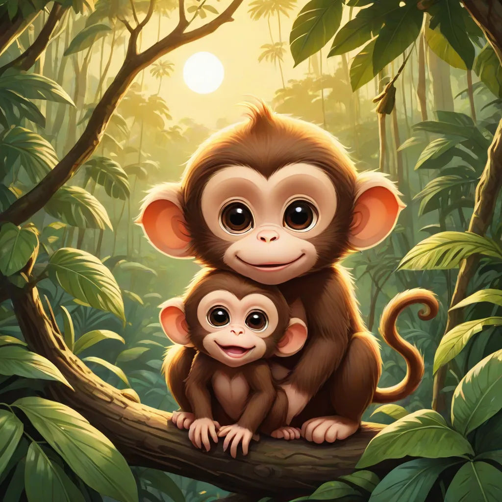a monkey and a baby monkey sitting on a tree branch in a jungle with the sun shining through the trees, sumatraism, a digital painting, Alex Petruk APe, cute and funny