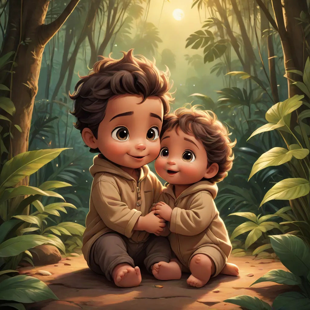 a boy and a girl sitting in the woods together, hugging and looking at each other with a bright light in the background, sots art, a storybook illustration, Brothers Hildebrandt, cute and funny