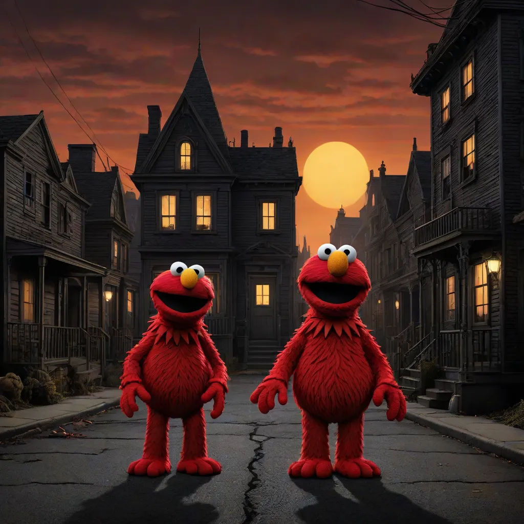 two red sesame characters standing in front of a full moon in a street scene with a dark city in the background, promotional image, pop surrealism, an album cover, Andries Both