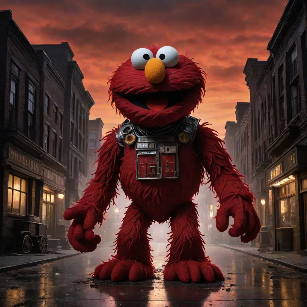 a big red monster standing in the middle of a street with a sky background and buildings in the background, promotional image, pop surrealism, a character portrait, Cedric Seaut (Keos Masons)