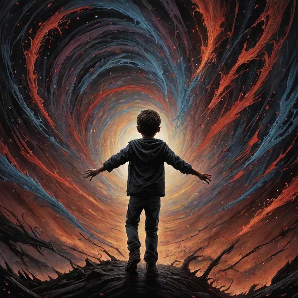 a painting of a boy standing in front of a colorful swirl of fire and water, with his arms outstretched, dmt, psychedelic art, a detailed painting, Dan Mumford