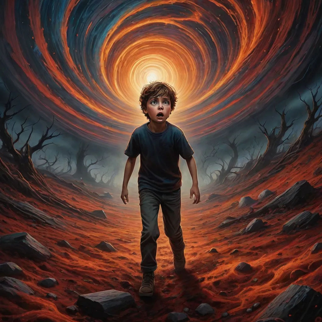 a painting of a boy walking through a red and black swirly tunnel of fire and water with a black and orange swirl, key art, sots art, poster art, Dan Mumford
