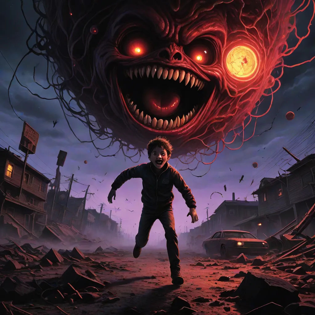 a man is running through a creepy town with a giant head on his head and glowing eyes on his face, cosmic horror, sots art, concept art, Dan Mumford