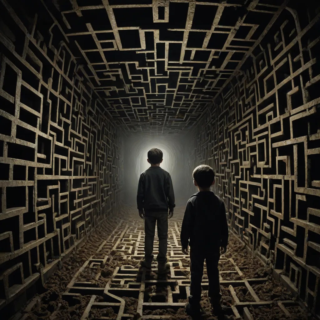 two people standing in a maze like tunnel with a light at the end of the tunnel and a dark room with a light at the end, promotional image, analytical art, a detailed matte painting, Brad Kunkle