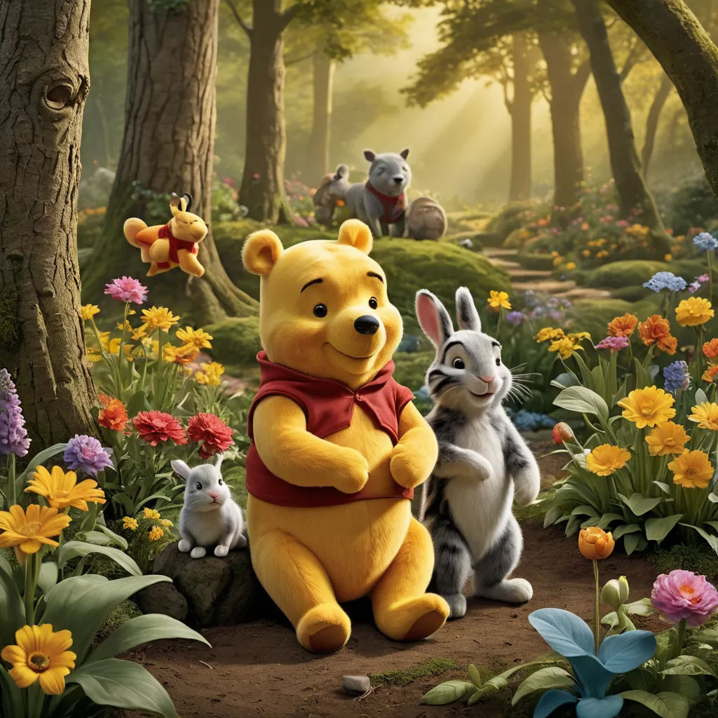 a painting of winnie the pooh and her babies in a forest with flowers and trees and flowers around, furry art, a storybook illustration, Beatrix Potter, promotional image