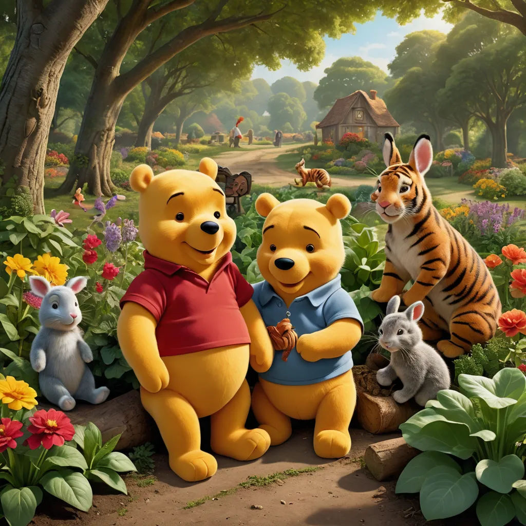 a group of winnie the pooh characters in a garden with flowers and trees and a house in the background, furry art, a storybook illustration, disney, pixar and disney animation
