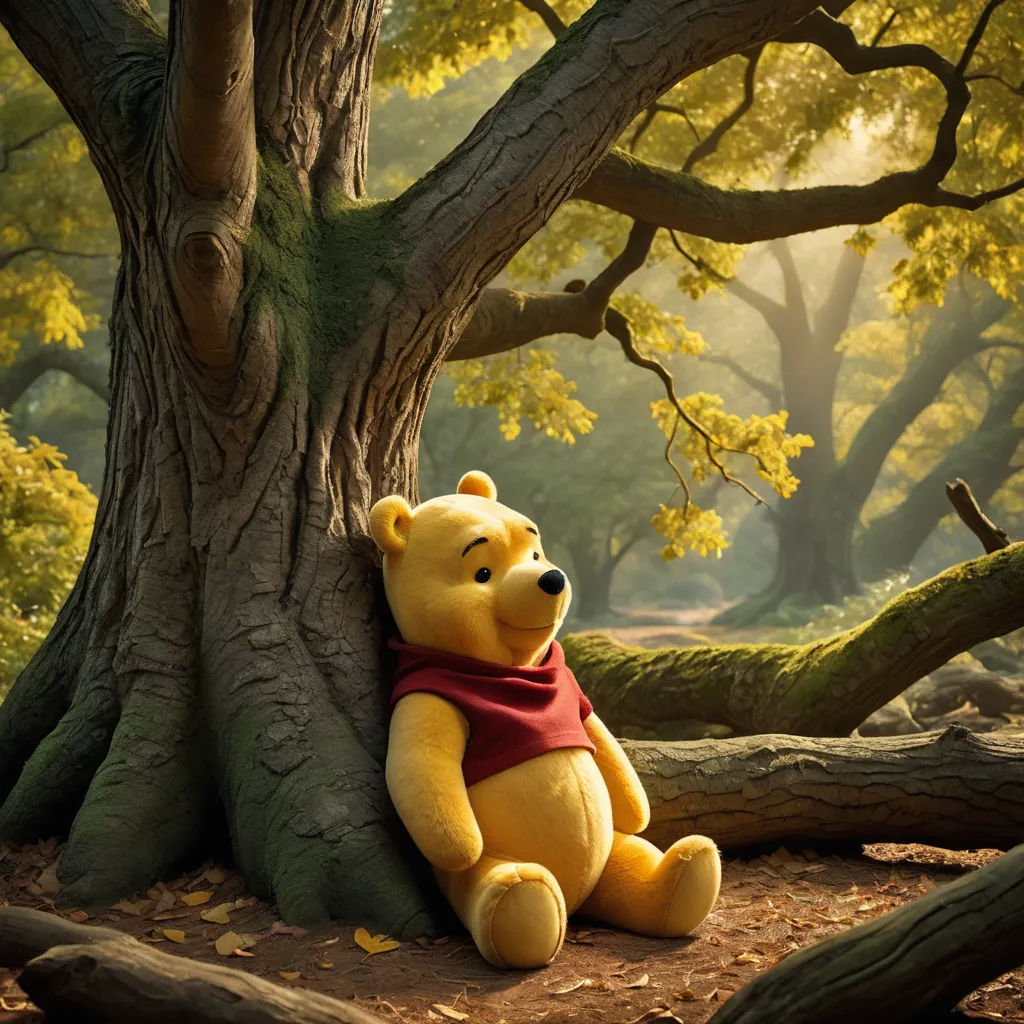 a stuffed bear sitting in the middle of a tree trunk in a forest with a red scarf around its neck, art photography, a storybook illustration, Chris LaBrooy, cgstudio