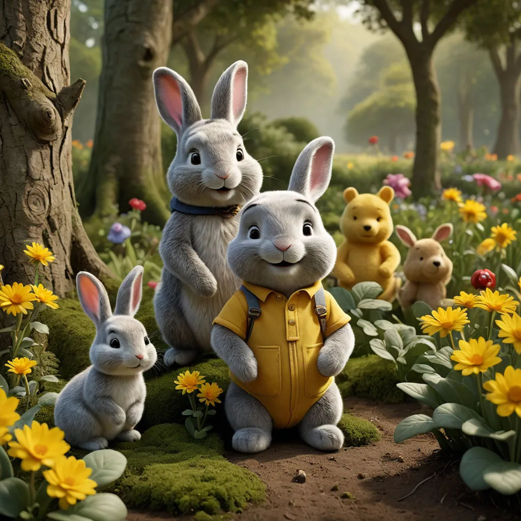 a group of rabbits standing in a forest with yellow flowers and grass and trees in the background, with a yellow shirt on, furry art, a 3D render, Beatrix Potter, promotional image