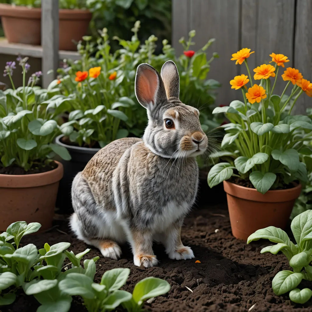 a rabbit sitting in a garden surrounded by flowers and plants and a fence in the background with a wooden fence, ecological art, a stock photo, Beatrix Potter, animal photography