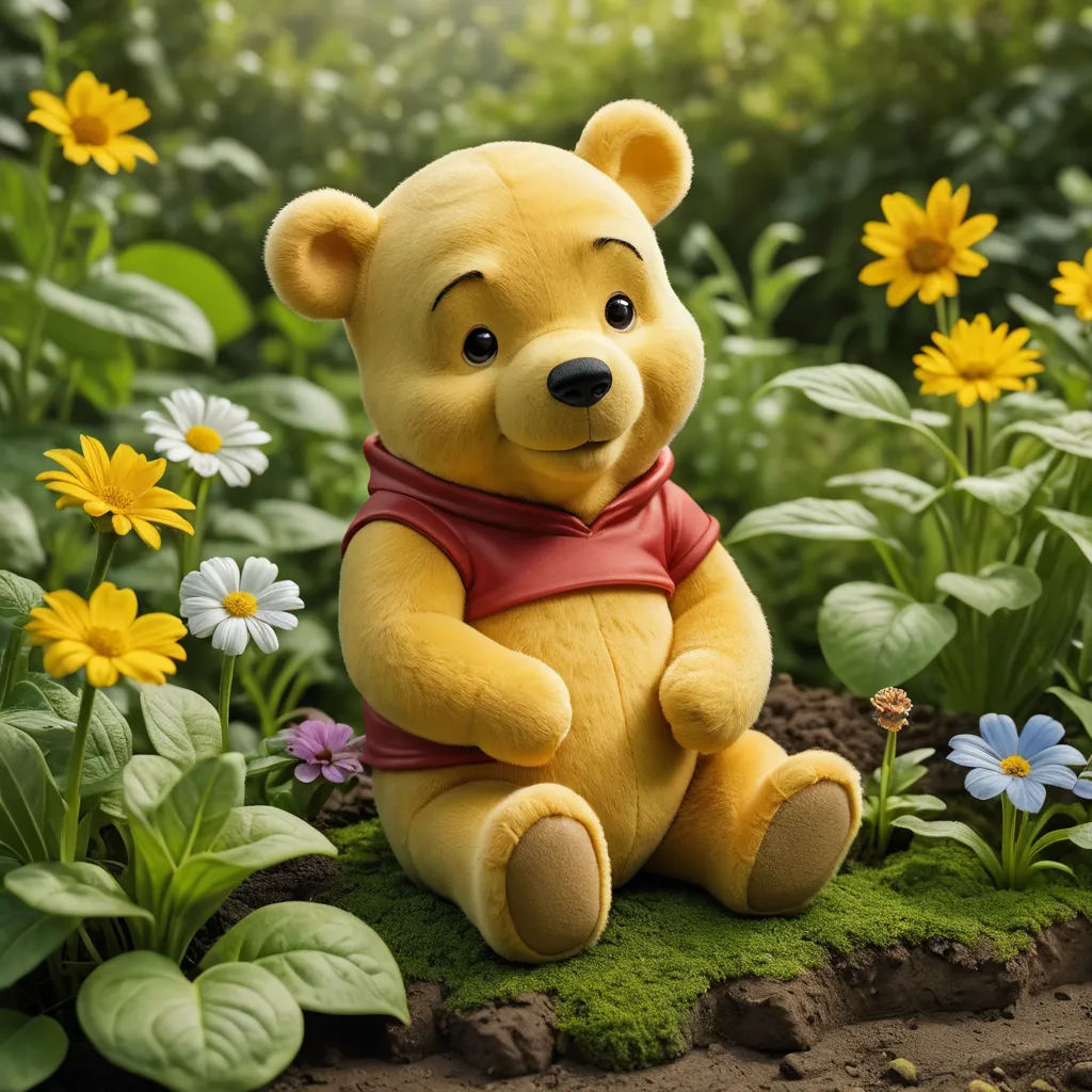 a stuffed bear sitting in a field of flowers and grass with daisies in the background and a forest of green grass, synthetism, a 3D render, disney, 4k uhd image