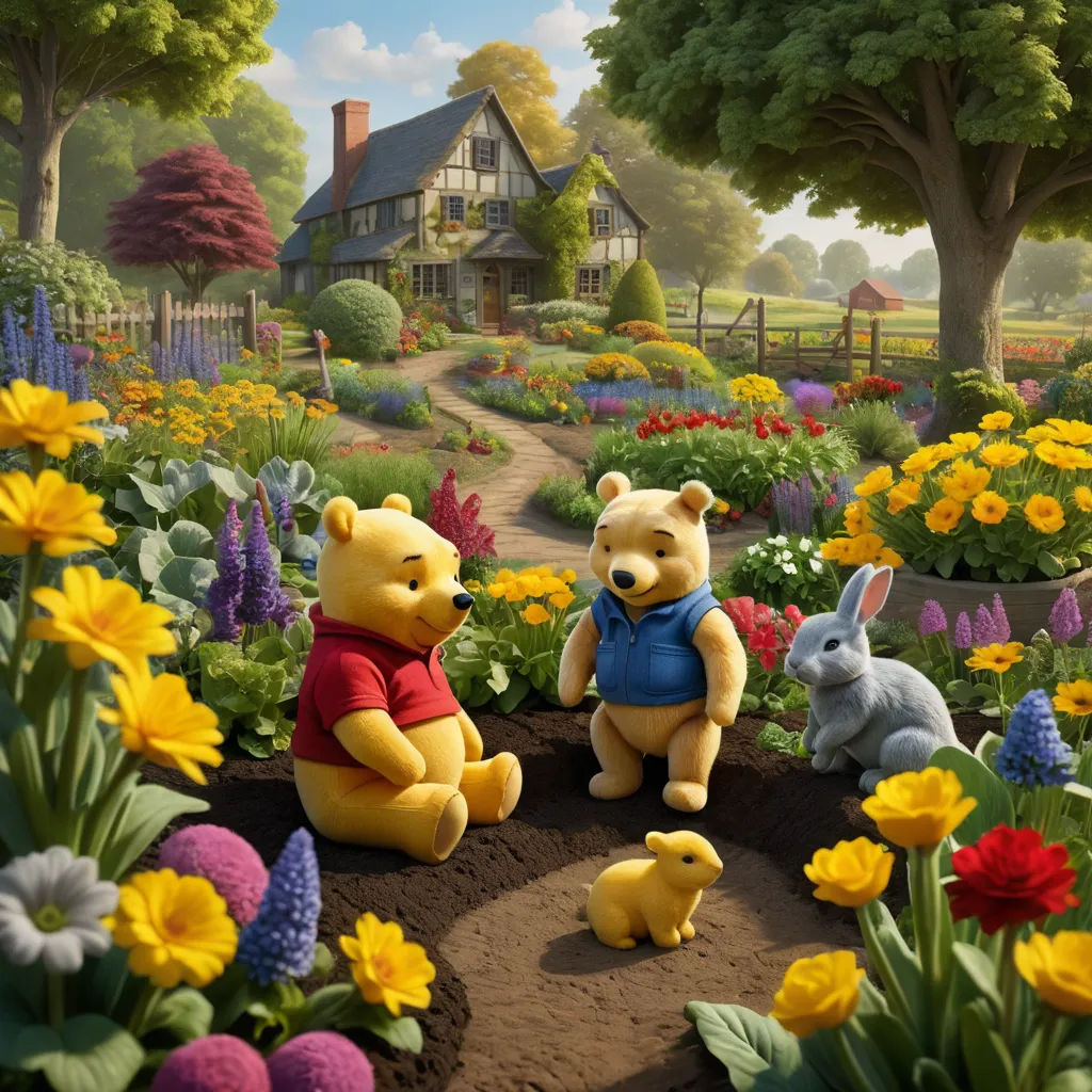 a painting of winnie the pooh and her friends in a garden with flowers and a house in the background, naive art, a storybook illustration, Beatrix Potter, promotional image