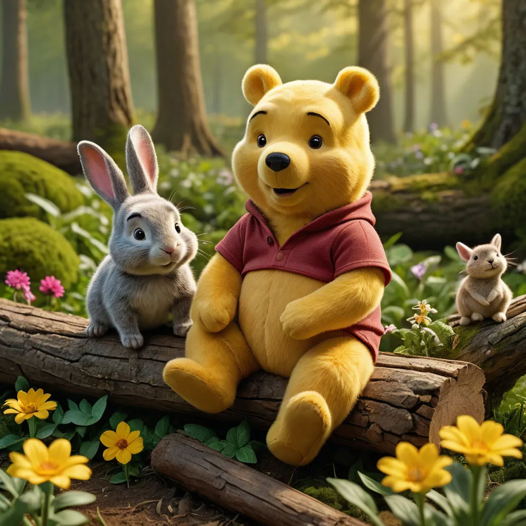 a stuffed animal rabbit and a stuffed bear sit on a log in a forest with flowers and trees in the background, furry art, a 3D render, Beatrix Potter, promotional image