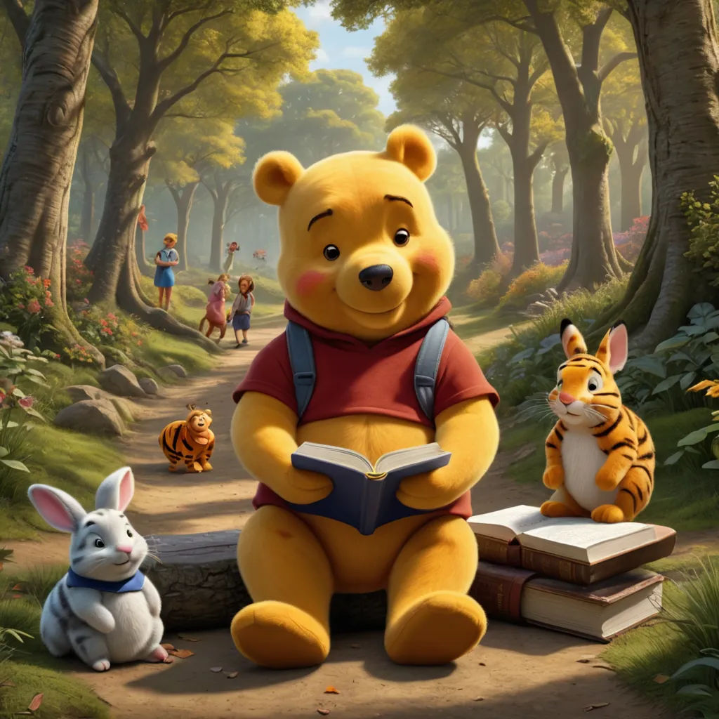 a winnie the pooh bear sitting on a log with a book and a bunny rabbit sitting on the ground, furry art, a storybook illustration, disney, storybook illustration