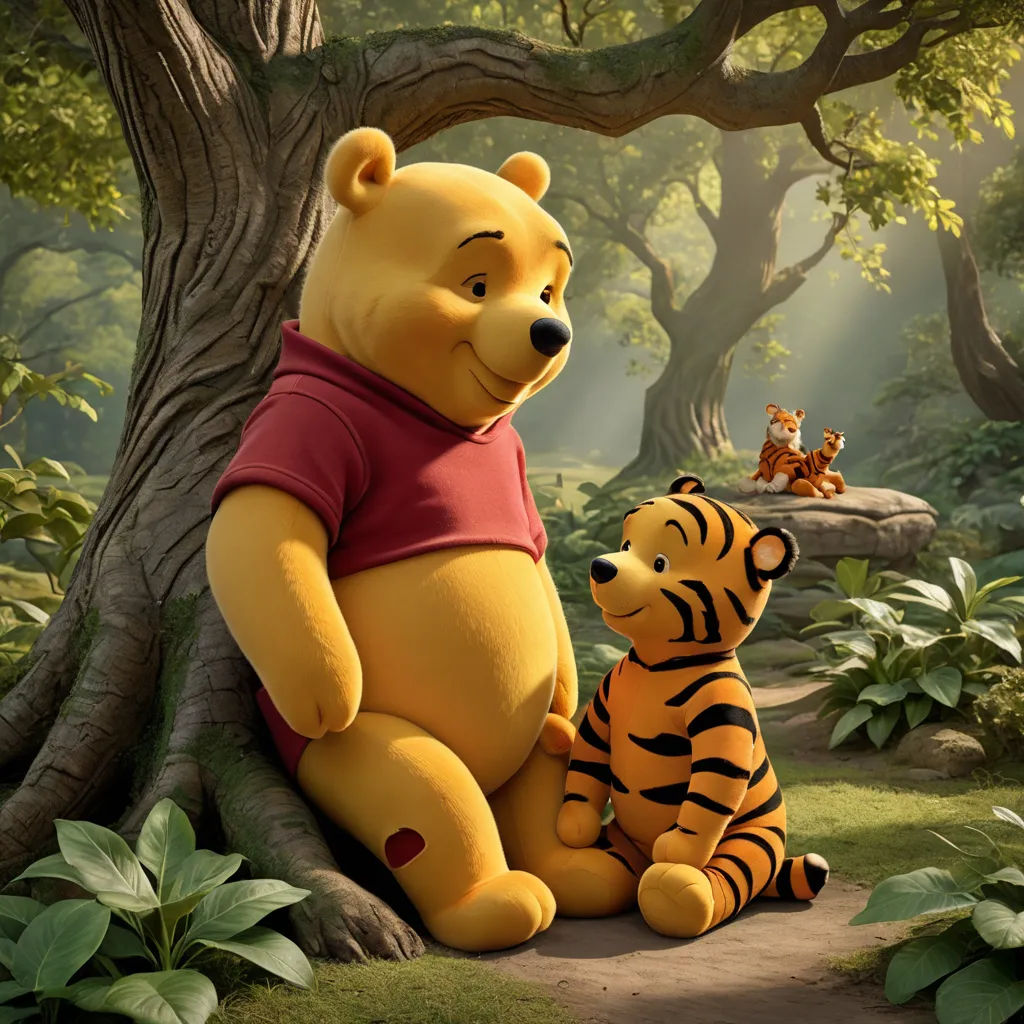 a winnie the pooh and tigger sitting in the woods together, with a tree in the background, furry art, a storybook illustration, disney, promotional image