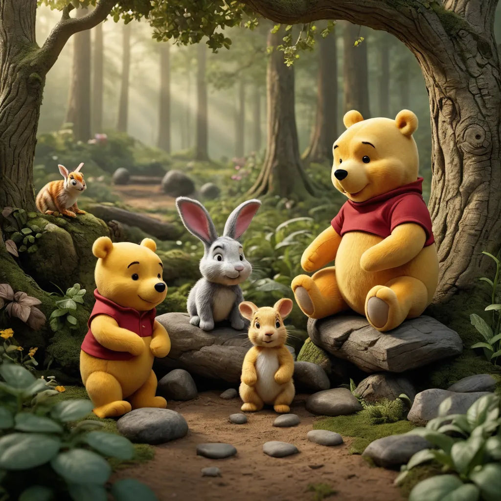 a group of winnie the pooh characters sitting on rocks in a forest with a rabbit and other animals, furry art, a 3D render, Beatrix Potter, promotional image