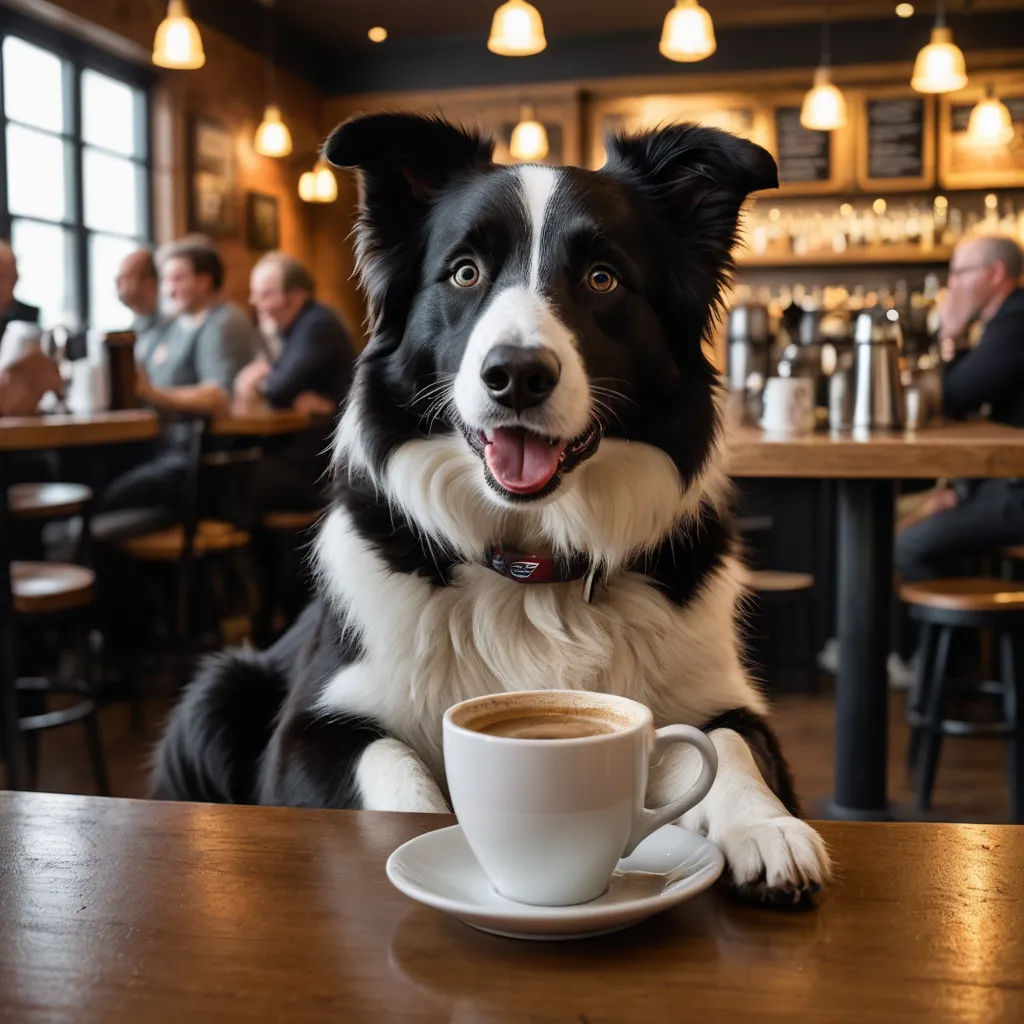 a dog sitting at a table with a cup of coffee in front of him and people sitting at tables in the background, private press, a stock photo, Elke Vogelsang, animal photography