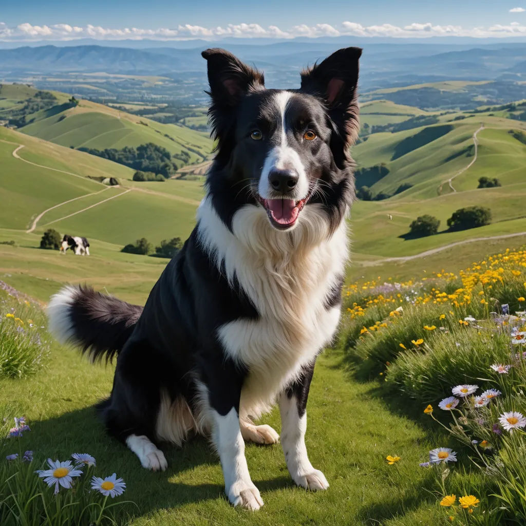 a dog sitting in a field of flowers with a view of the hills and valleys in the distance in the background, color field, a jigsaw puzzle, Elke Vogelsang, animal photography