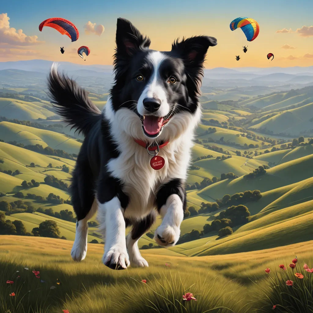 a painting of a dog running in a field with balloons in the sky above it and a mountain range in the background, naive art, an airbrush painting, Cliff Childs, highly detailed digital painting