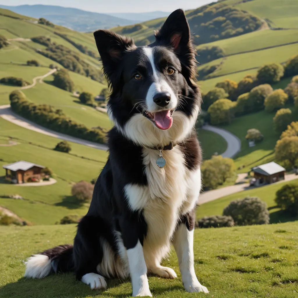 a dog sitting on a hill with a valley in the background and a road winding through the valley behind it, regionalism, a stock photo, Elke Vogelsang, animal photography