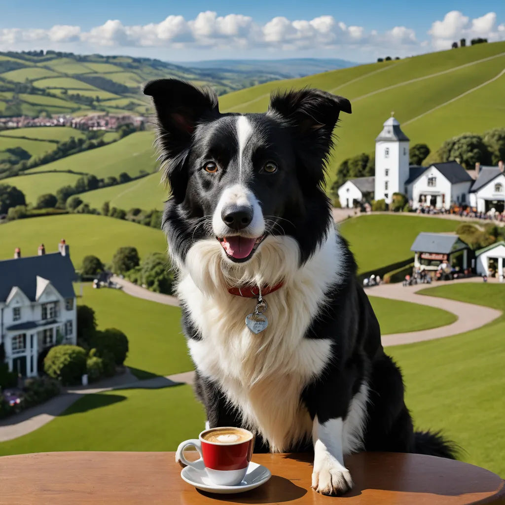 a dog sitting at a table with a cup of coffee in front of it and a view of a farm, art photography, a stock photo, Elke Vogelsang, award - winning photo