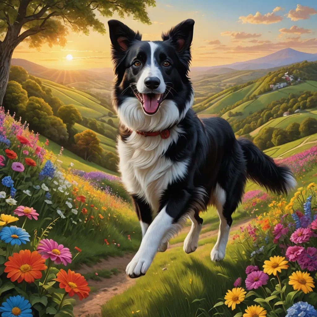 a painting of a dog running through a field of flowers with the sun setting in the background and a tree, naive art, a fine art painting, artist, professional digital painting