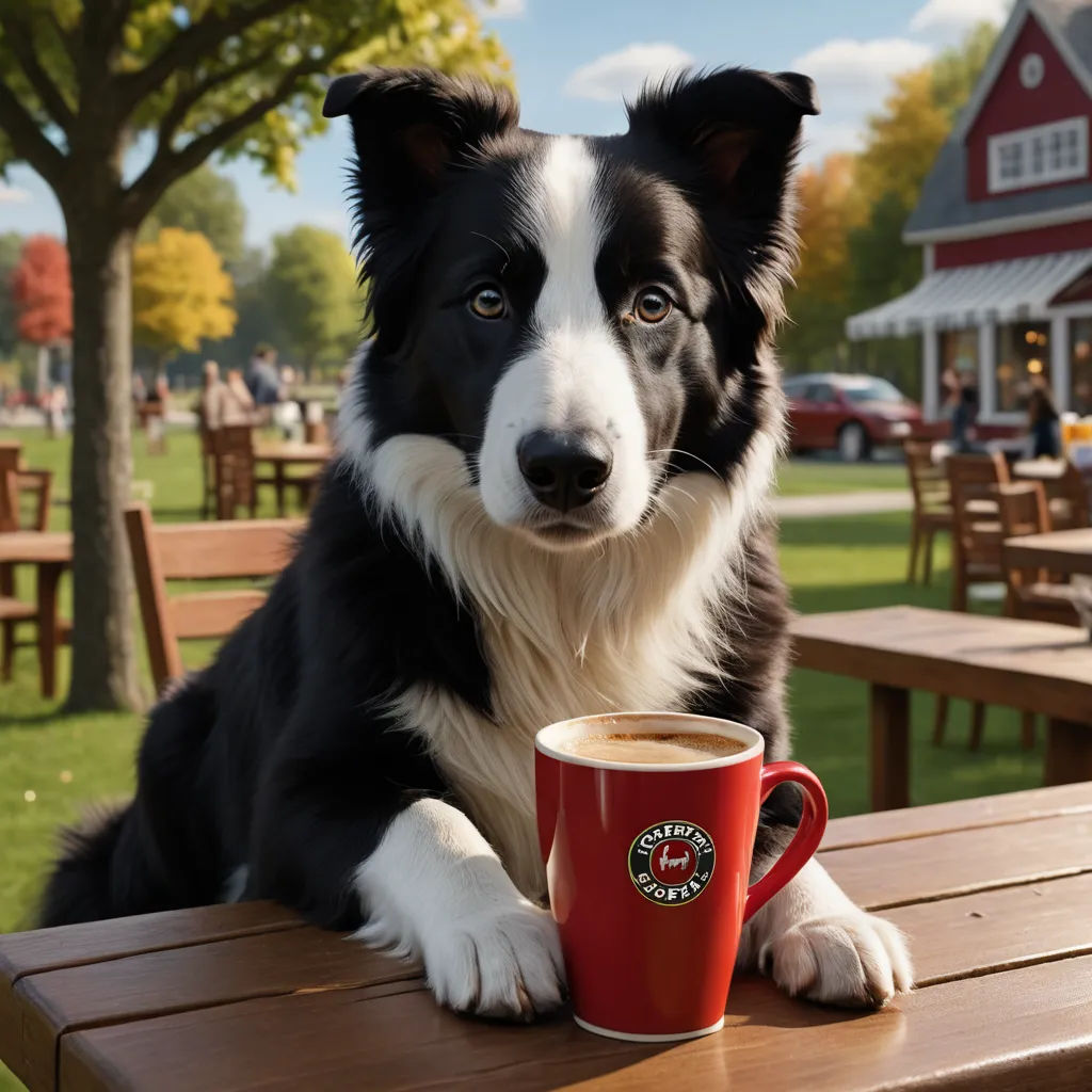 a dog sitting at a table with a cup of coffee in front of it and a house in the background, furry art, a stock photo, Charles Schulz, promotional image