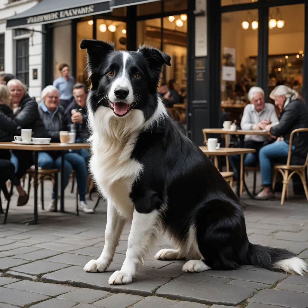 a black and white dog sitting on a brick sidewalk in front of a restaurant with people sitting at tables, neoism, a stock photo, Elke Vogelsang, canon eos r 3