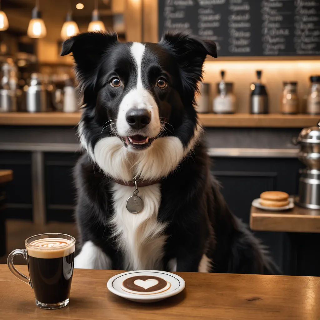 a dog sitting at a table with a cup of coffee in front of it and a menu behind it, private press, a stock photo, Elke Vogelsang, animal photography