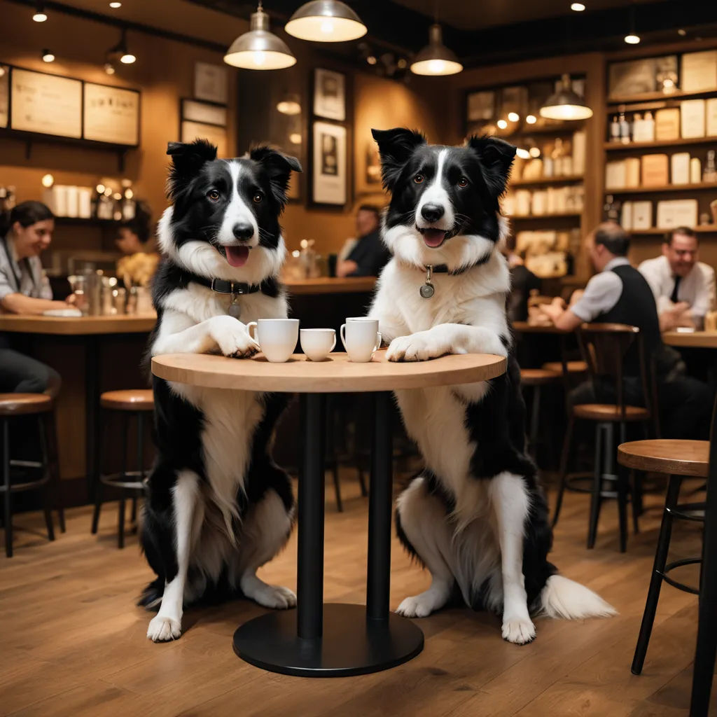two dogs sitting at a table with cups of coffee in front of them, with people sitting at the tables in the background, incoherents, a stock photo, Elke Vogelsang, professional photo