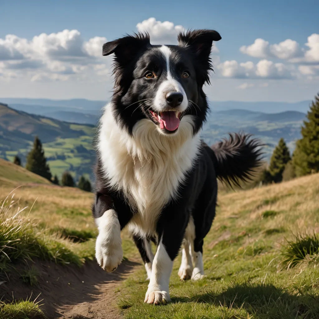a black and white dog running on a trail in the mountains with a sky background and clouds in the sky, color field, a stock photo, Elke Vogelsang, animal photography