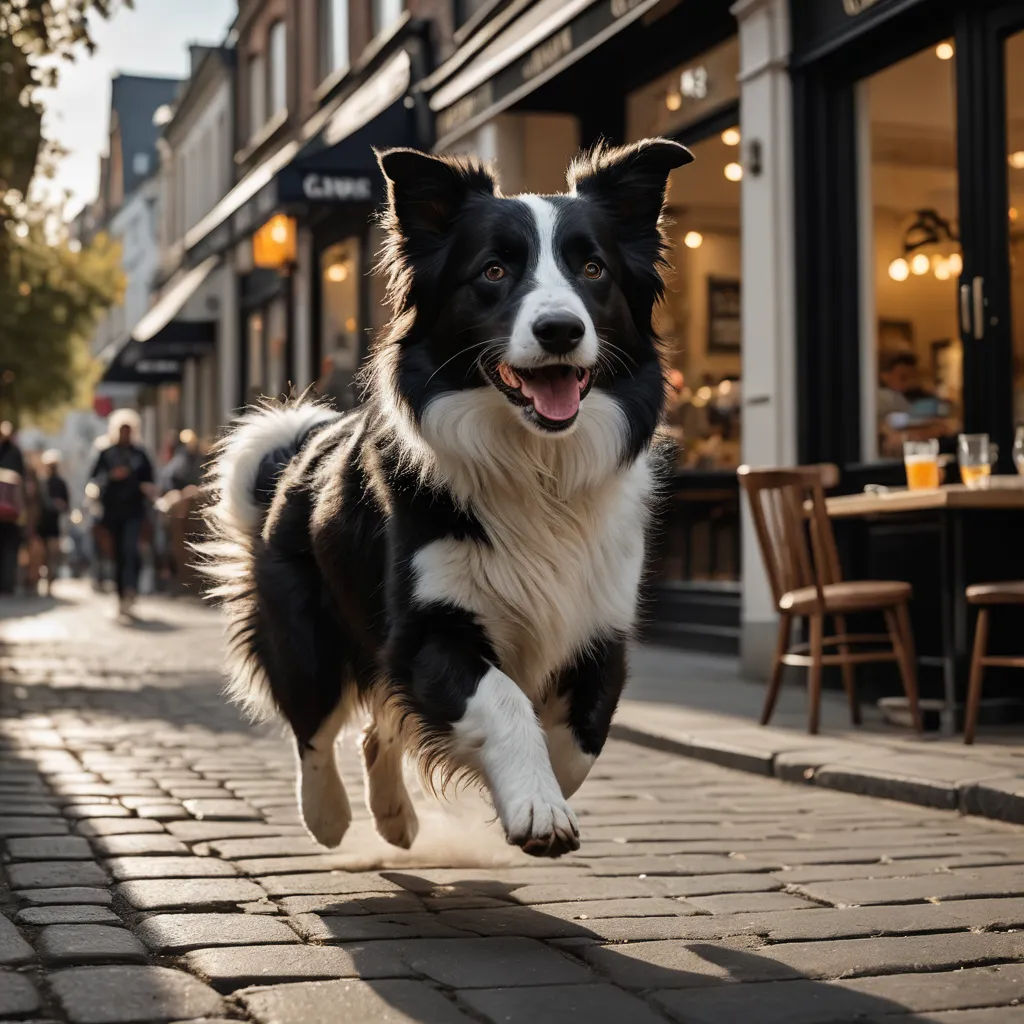 a dog running down a brick sidewalk in front of a restaurant with people walking by on the sidewalk and a person walking on the sidewalk, renaissance, a stock photo, Elke Vogelsang, award winning photograph