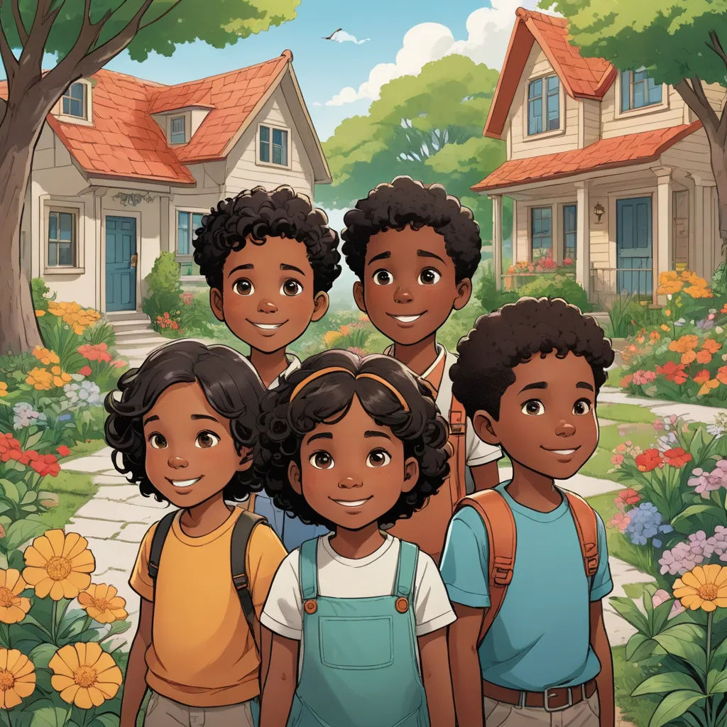 a group of children standing in front of a house with flowers in the yard and a tree in the background, harlem renaissance, a storybook illustration, Chinwe Chukwuogo-Roy, comic cover art