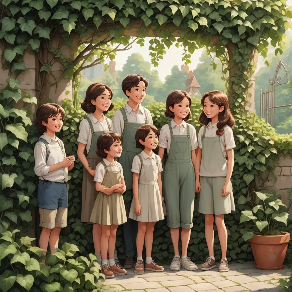 a group of children standing in front of a garden arch with a potted plant on the side of it, fantastic realism, a storybook illustration, Brothers Hildebrandt, official art
