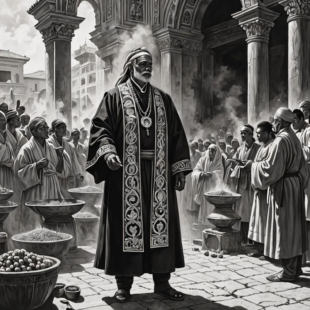 a man in a priest's robes standing in front of a crowd of people in front of a building, classical realism, an ultrafine detailed painting, Donato Giancola, orientalism