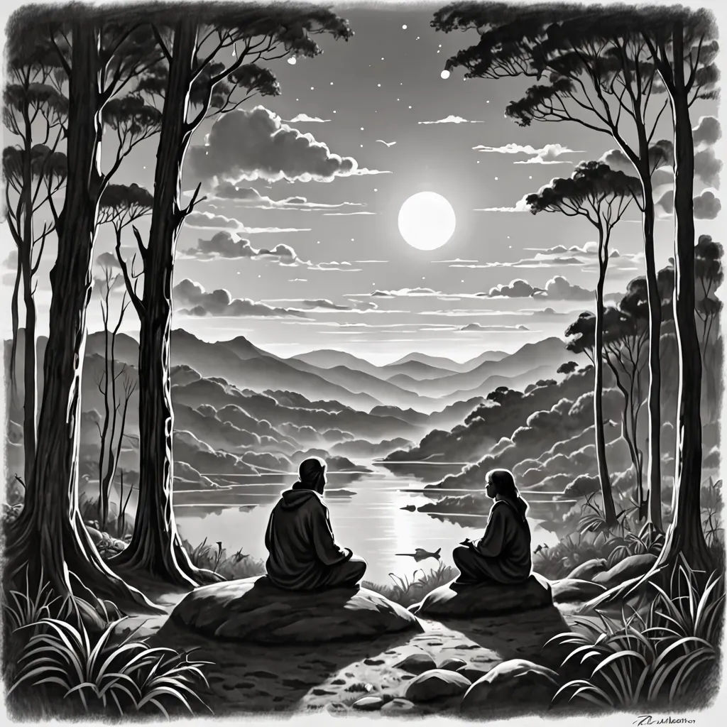 two people sitting on a rock looking at the moon over a lake in a forest with trees and mountains, psychedelic art, a detailed drawing, Dan Mumford, tranquil