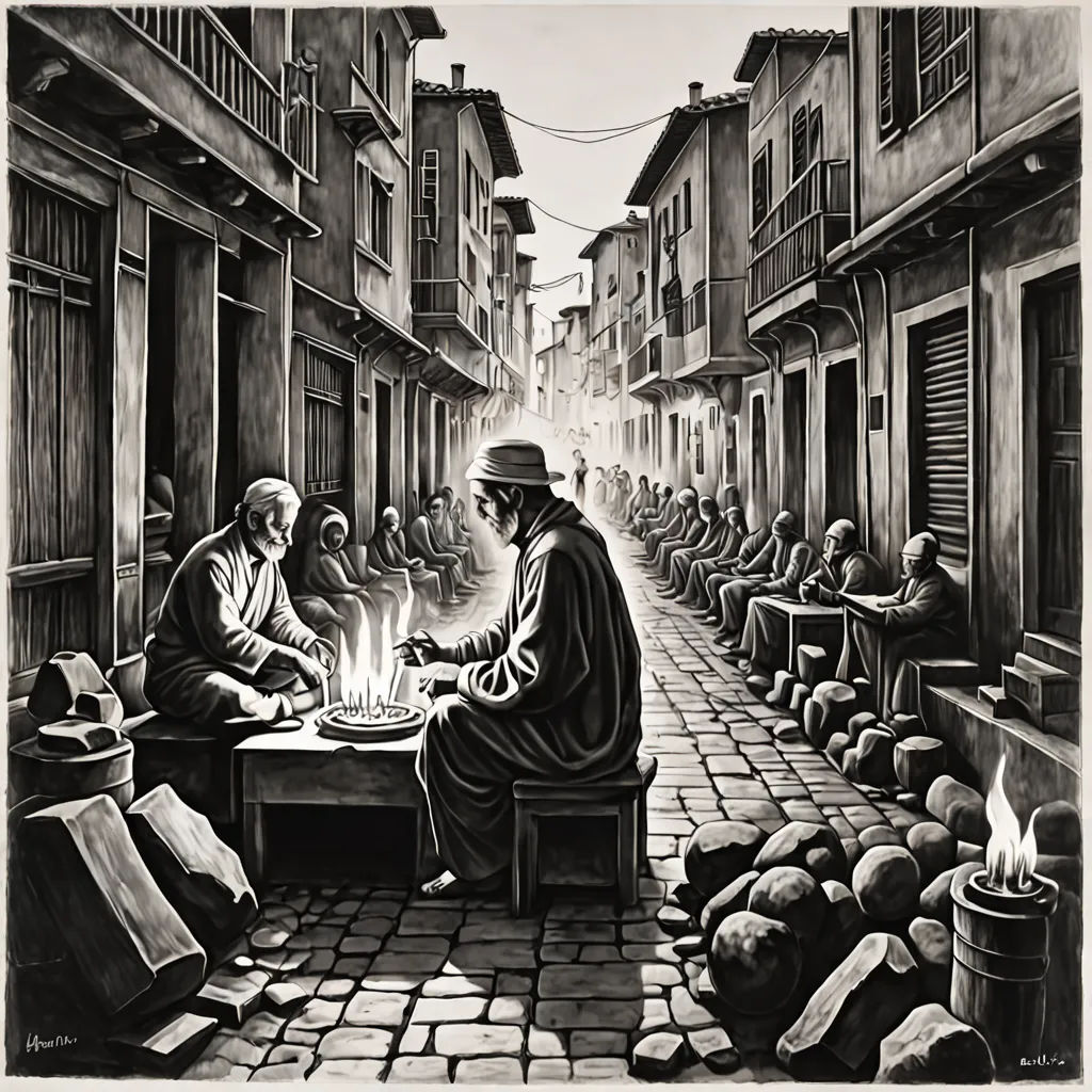 a drawing of a man sitting at a table with a lit candle in his hand and a group of people standing around him, figurativism, an ultrafine detailed painting, Edward Sorel, pj crook