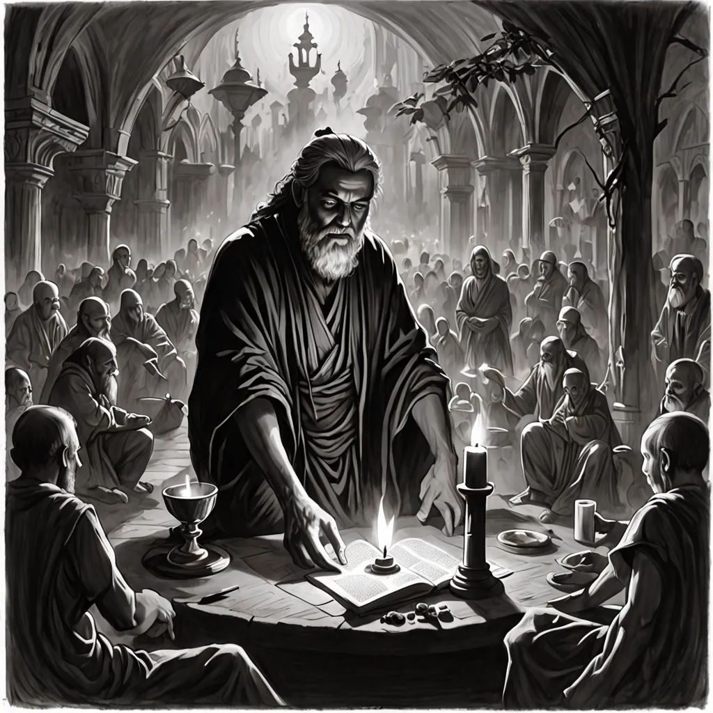 a man sitting at a table with a lit candle in his hand and a lot of people around him, fantasy art, an ultrafine detailed painting, Ed Binkley, magic the gathering artwork